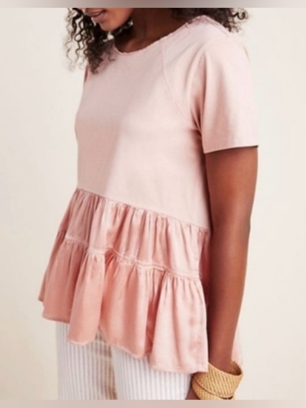Anthropologie Blush Satin Tiered Peplum Short Sleeve Blouse - Size XS